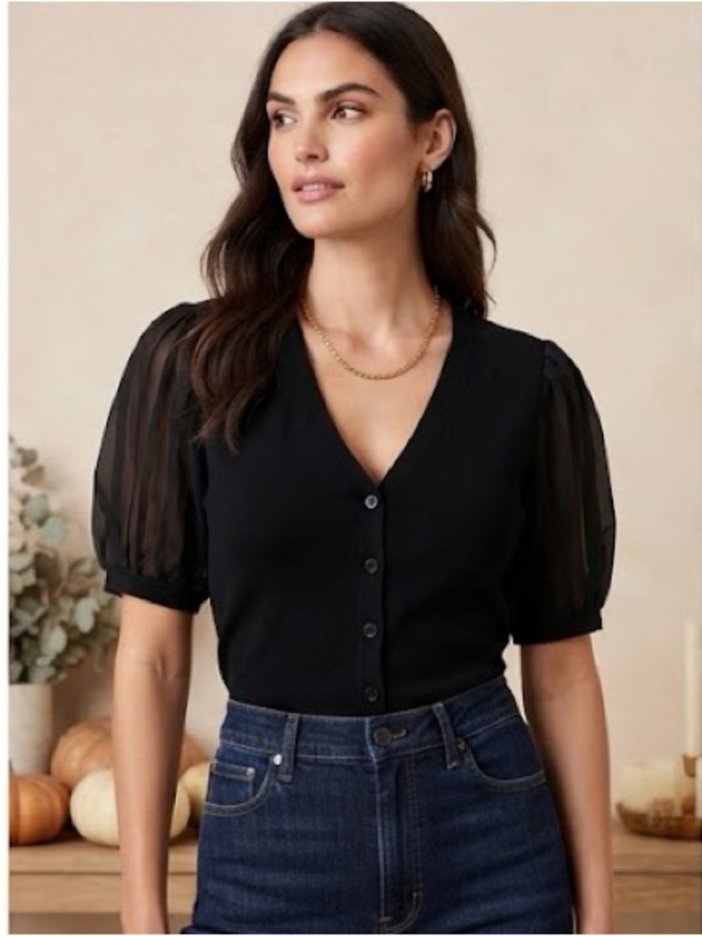 Anne Klein -Knit Cardigan Black Button-Front V-Neck Top with Sheer Puff Sleeves